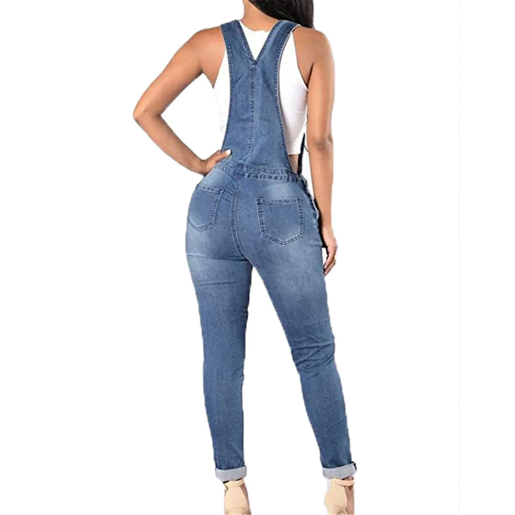 Denim Overalls Jeans Ankle Length Pencil Pants Pockets Holes Solid High Waist