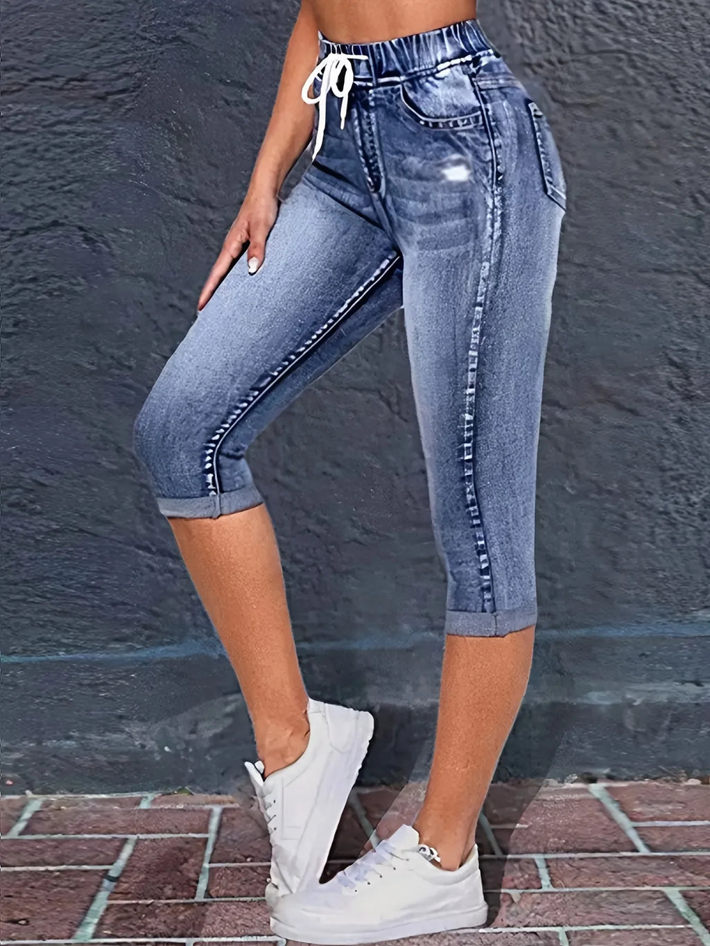 Peacock Blue Stretch Mid-Rise Capri Jeans