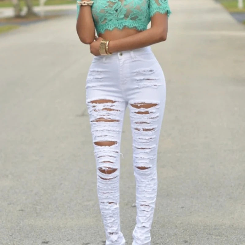 High Waist Ripped Jeans for Women Skinny Black White