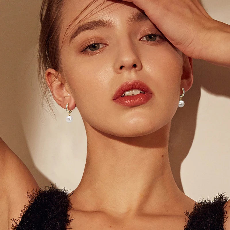 Anziw Genuine 925 Sterling Silver Moissanite Hoop Earrings 9-10mm Freshwater Pearl