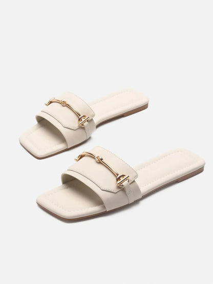 New Women's Buckle Decor Flat Slide Sandals Fashion Square Open Toe Summer Shoes Casual Outdoor Beach Slides Zapatos Mujer