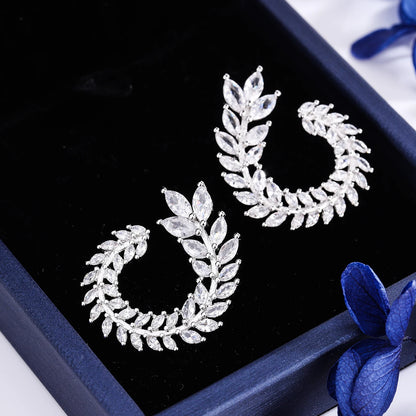 Creative Personality Leaf Rhinestone Earrings Geometric Big Round Earrings Ladies Ladies Jewelry 925 Sterling Silver Earrings