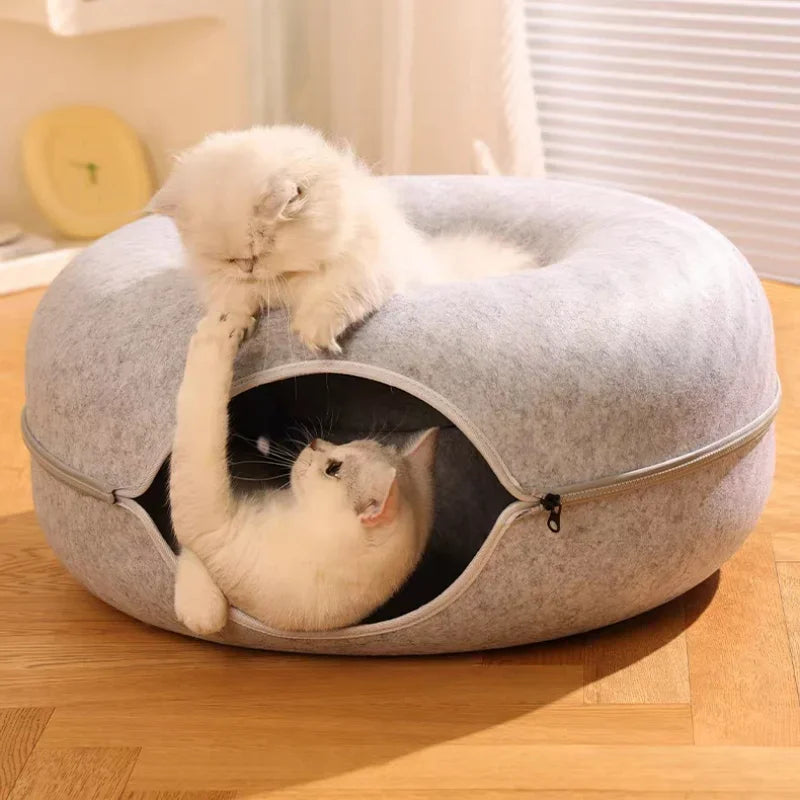 Cat Tunnel Bed for Indoor Cats Scratch Resistant Donut Cat Bed Cave Indoor Cat Hideout Detachable Round Felt & Washable