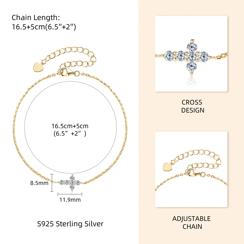 Moissanite Cross Bracelet 925 Silver Adjustable Chain Bracelets