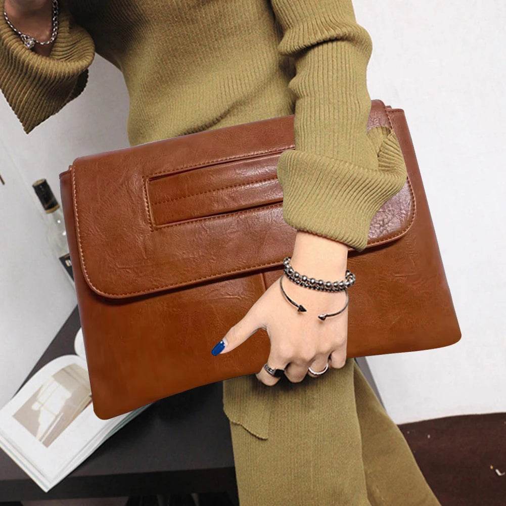 Vintage Ladies PU Leather Wristlet Women Solid Color Envelope Clutches High Capacity Handbag&Purse 2023 Fashion Large Clutch Bag - Imbasat
