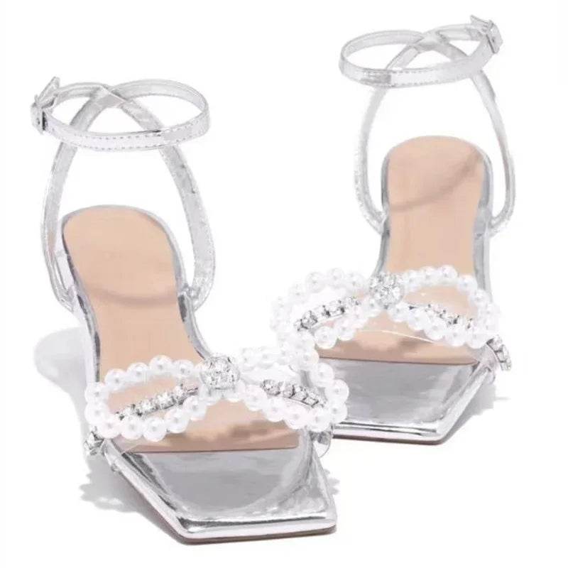 2023 Summer Women's Sandals with Bow Pearl Flat Heels Elegant Rhinestone Party Ladies Shoes Plus Size 42 Sandalias Mujer - Imbasat
