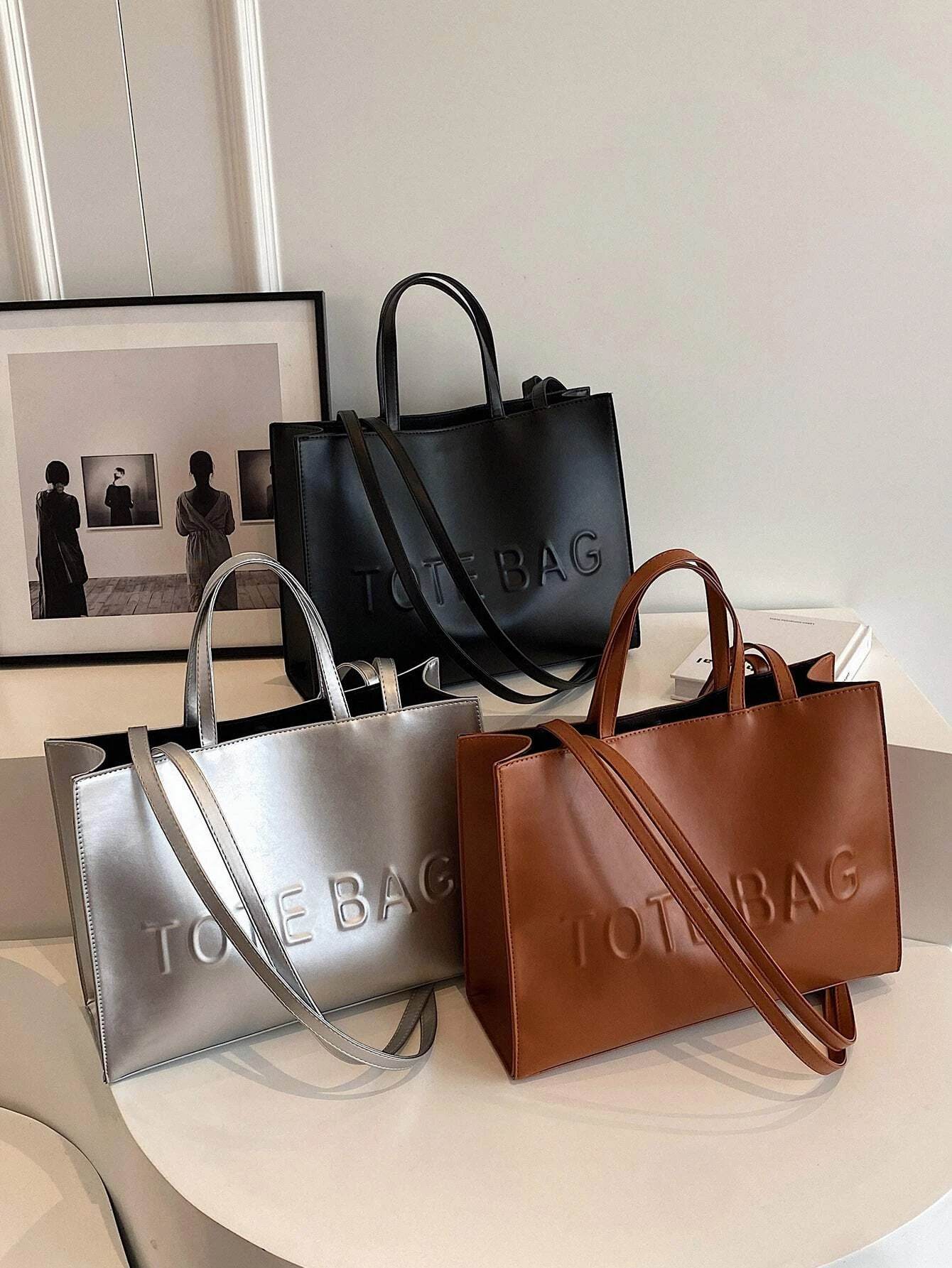 Large Capacity Fashionable Tote Bag With Letter Print Fashion Solid Color Simple Crossbody Bag Women Casual Handbag Shoulder Bag - Imbasat
