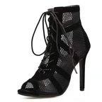 Black Net Fabric Cross Strap High Heel Lace-up Peep Toe