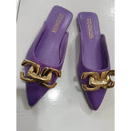 2024 New Summer Women Sandals Shoes Fashion Metal Chain Flats Pointed Toe Women's Slippers Ladies Casual Shoes Outside Slides - Imbasat