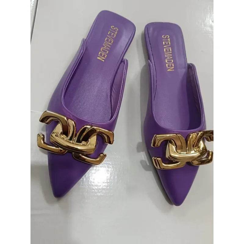 2024 New Summer Women Sandals Shoes Fashion Metal Chain Flats Pointed Toe Women's Slippers Ladies Casual Shoes Outside Slides - Imbasat