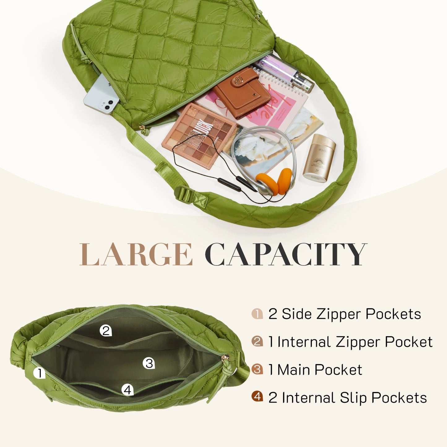 Missnine Quilted Puffer Bag for Women with Adjustable Strap Puffy Tote Shoulder Bag Large Carryall Crossbody Purse Hobo Bags