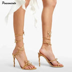 Luxury Crystal Embellished Butterfly Detail Women Sandals Sexy Coiled Strap Thin High heels Gladiator sandals Summer Party Shoes - Imbasat