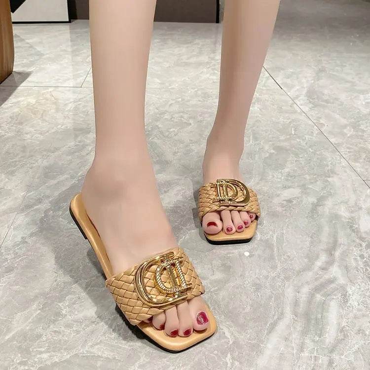Women Luxury Decor Weave Design Flat Sandals Fashion Open-toe Vacation Casual Slides Party Sexy Elegant Office-Ladies New Shoes - Imbasat