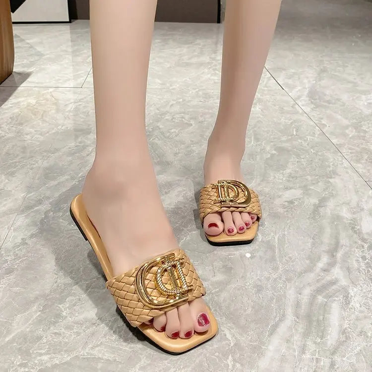 Women Luxury Decor Weave Design Flat Sandals Fashion Open-toe Vacation Casual Slides Party Sexy Elegant Office-Ladies New Shoes