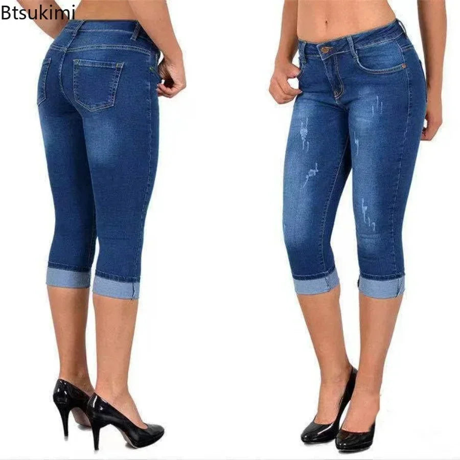 Summer Skinny Denim Pants Jeans Mid Waist Stretch Capri Pants Knee Length Trouser