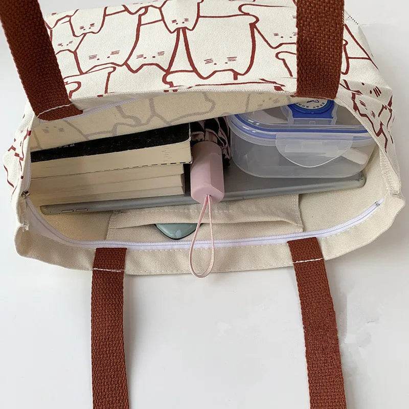 Canvas Handbag For Women 2023 Fashion Cute Cat Tote Messenger Bags With Zipper Designer Bag Ladies Cartoon Shoulder Shopper Bags - Imbasat