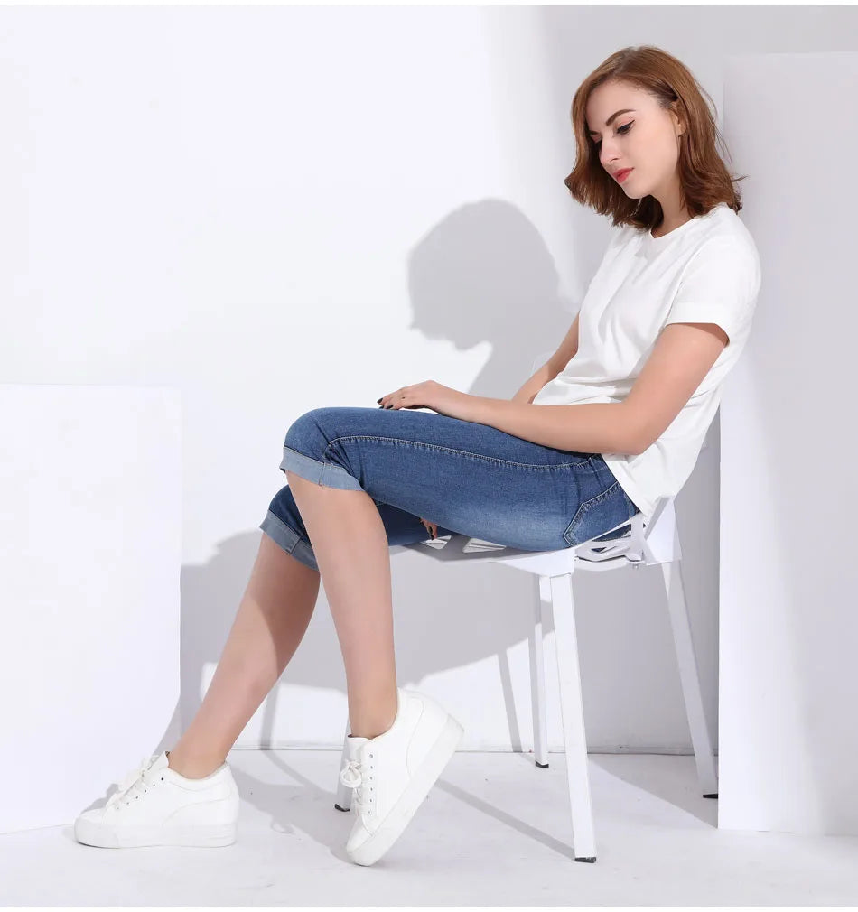 Summer Woman's Jeans Cropped Trousers Skinny Knee Length