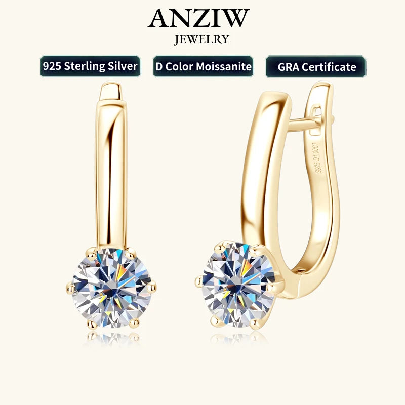 Anziw U-shaped Hoop Huggie Earrings 6.5mm D1.0ct Moissanite Drop Earring 100% 925 Silver for Women Wedding Party Jewelry Gifts