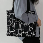 Canvas Handbag For Women 2023 Fashion Cute Cat Tote Messenger Bags With Zipper Designer Bag Ladies Cartoon Shoulder Shopper Bags - Imbasat