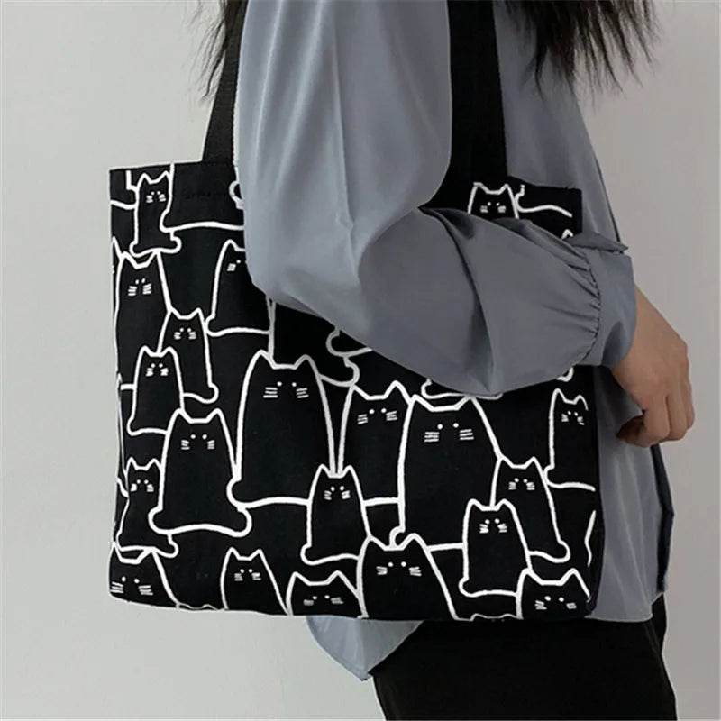 Canvas Handbag For Women 2023 Fashion Cute Cat Tote Messenger Bags With Zipper Designer Bag Ladies Cartoon Shoulder Shopper Bags - Imbasat