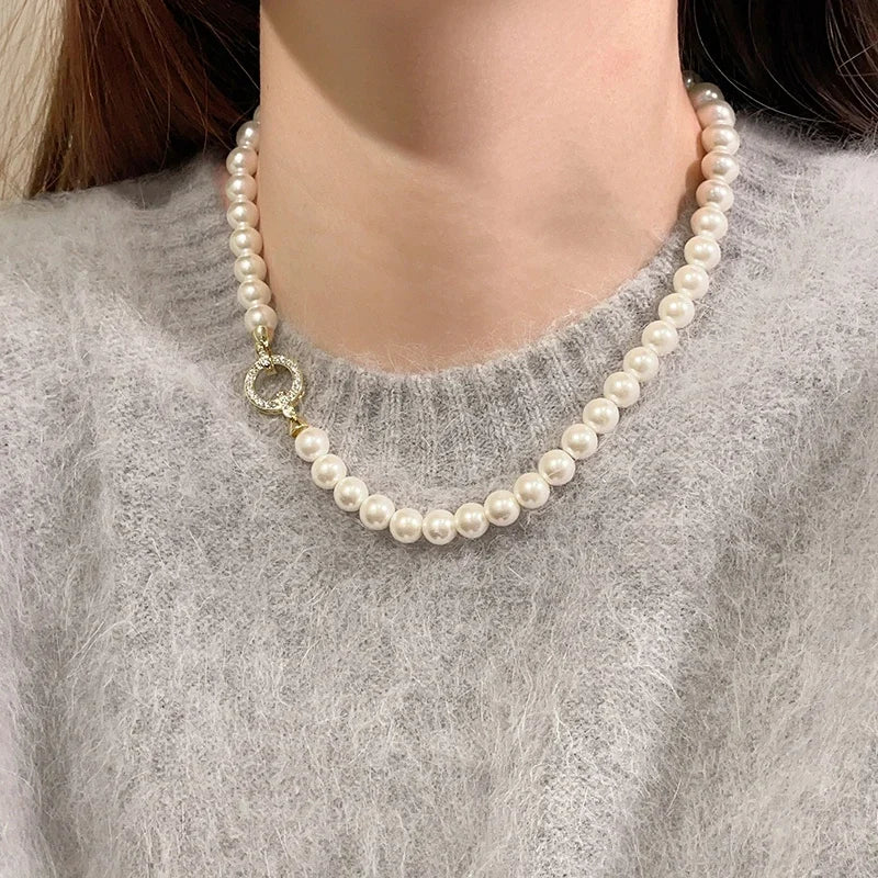 French Elegant Micro Set Zircon Round Buckle Imitation Pearl Beaded Necklace For Women's Temperament Jewelry Sweet Accessories