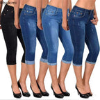 Summer Skinny Denim Pants Jeans Mid Waist Stretch Capri Pants Knee Length Trouser