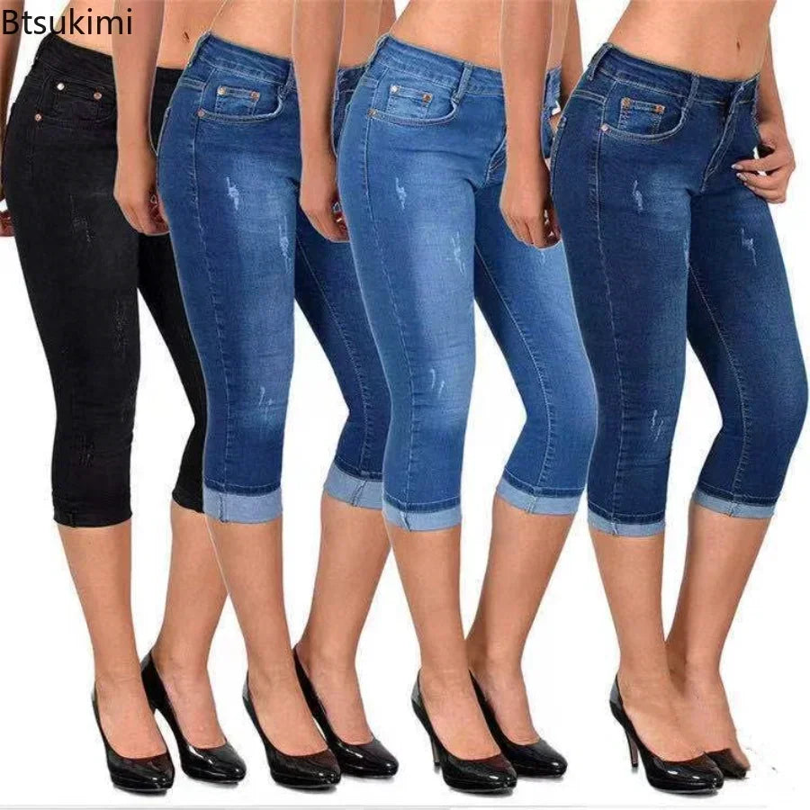 Summer Skinny Denim Pants Jeans Mid Waist Stretch Capri Pants Knee Length Trouser