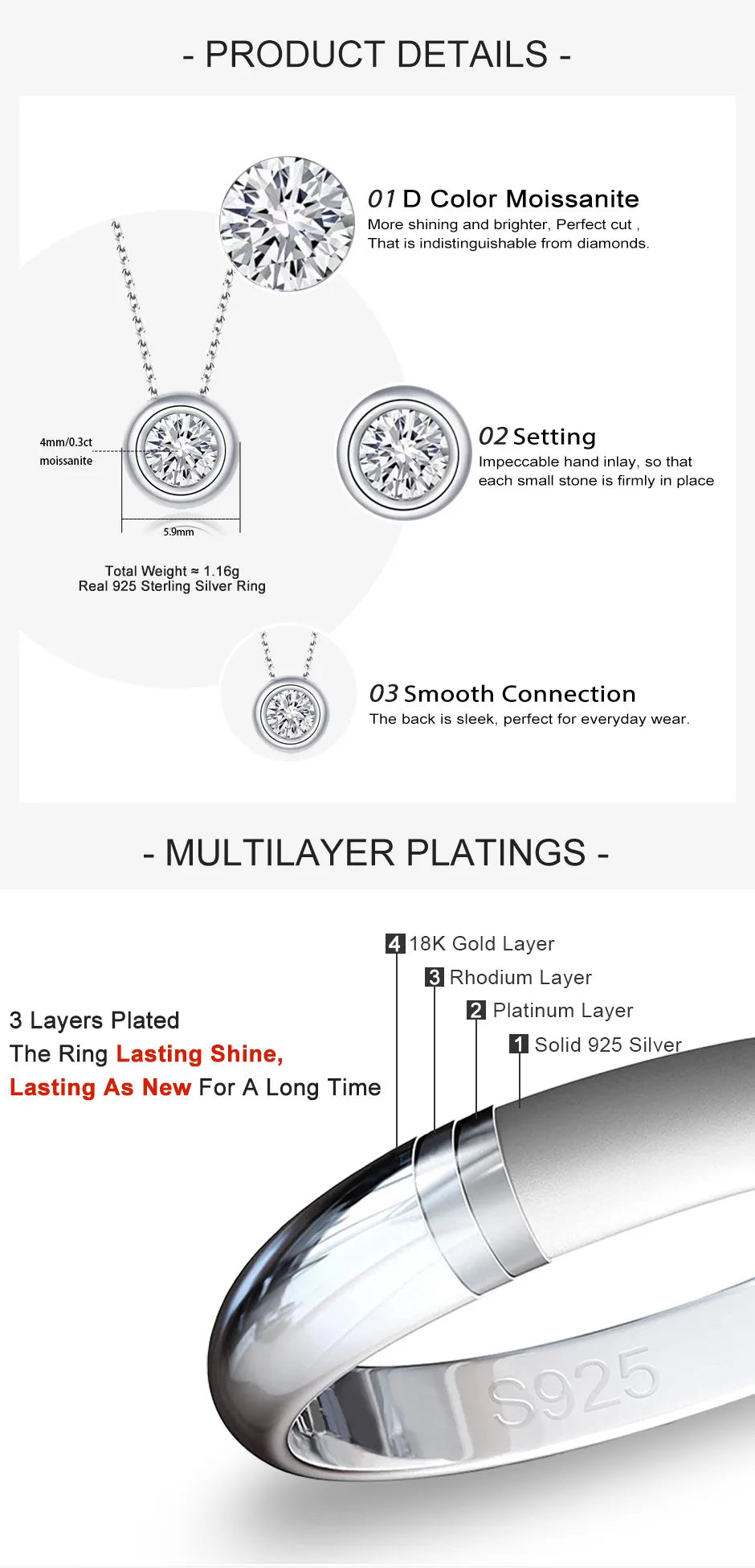 Moissanite Round Brilliant Cutting 18K Gold Plated  Sterling Silver