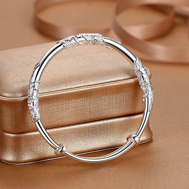 925 Sterling Silver Full-blown Flowers Bracelet For Women Original Texture Adjustable Solid Bracelets Light Luxury Party Jewelry - Imbasat