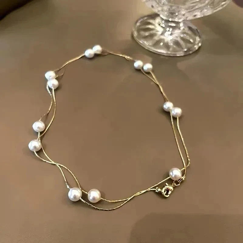 Girl’s Imitation White Pearl Magnetic Round Buckle Beadeds Chain Necklace 2024 New Collarbone Chain Elegant Jewelry for Women