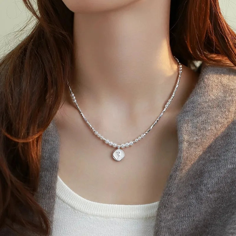 925 Silver Pearl Simple Elegant Thin Chain Pendant Necklace