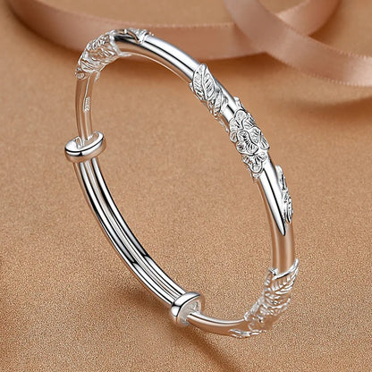 925 Sterling Silver Full-blown Flowers Bracelet For Women Original Texture Adjustable Solid Bracelets Light Luxury Party Jewelry