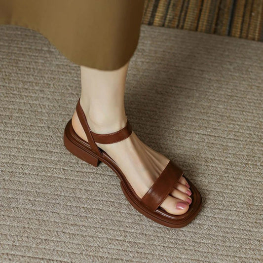 French Vintage Brown Sandals 24 Summer Low Heel Roman Shoes with Open Toe Stripe Simple and Comfortable Flat Bottom Women Shoes - Imbasat