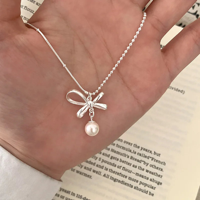 925 Silver Pearl Simple Elegant Thin Chain Pendant Necklace