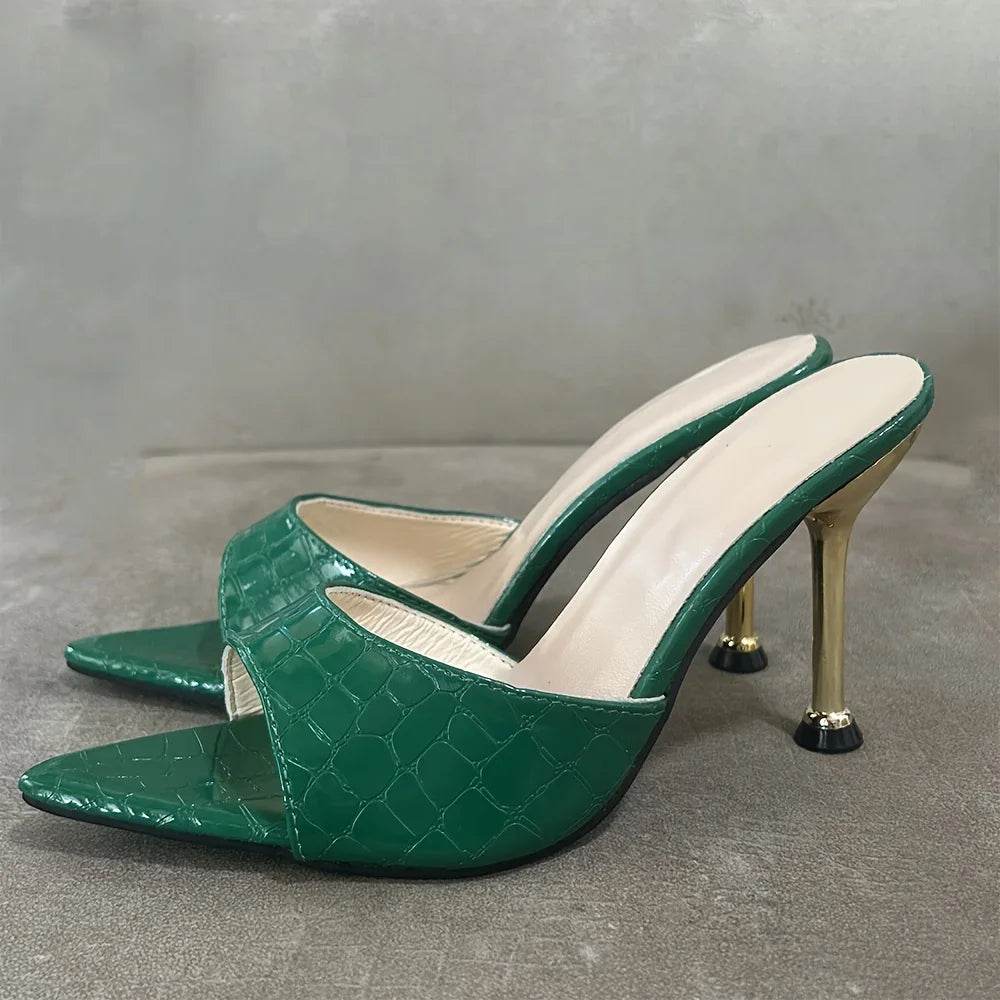 Glamorous Crocodile Texture High Heel Sandals - Chic Slip-On Stilettos with Pointy Peep Toe for Fashion-Forward Parties Banquets - Imbasat