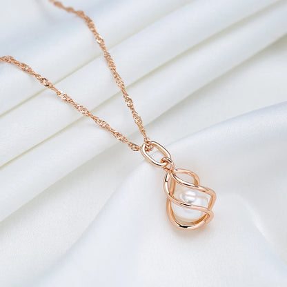 Kinel Luxury 585 Rose Gold Pendant Necklace for Women Unique Geometric Hollow Pearl Bridal Wedding Jewelry Daily Wear Gift