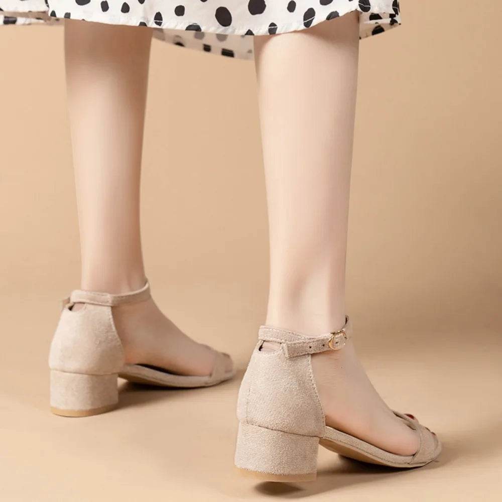 Beige High Heels Sandals Women Summer Shoes Women Fashion Open Toe Buckle Sandals Casual Square Heel Female Shoes - Imbasat