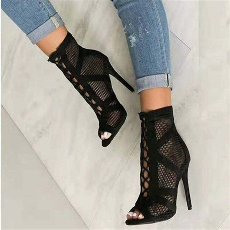 Black Net Fabric Cross Strap High Heel Lace-up Peep Toe