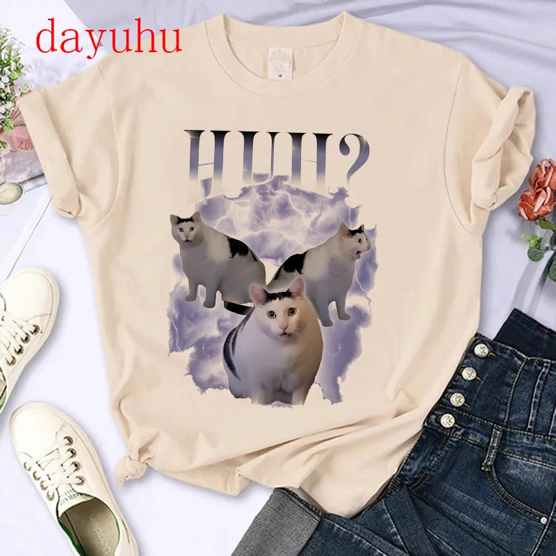 Cat Saying Huh? Meme T-shirt  Breathable Short Sleeve