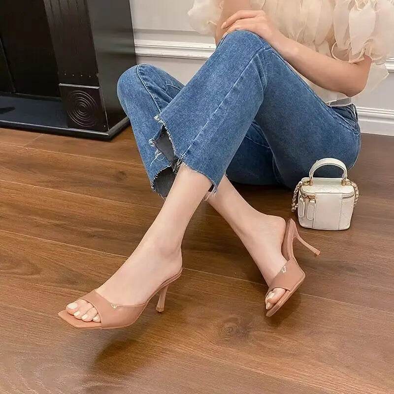 Lacquer Leather High-heeled Sandals for Women's Outdoor Slippers New Summer Versatile Slim Heel Square Toe Open Toe Flip Flops - Imbasat