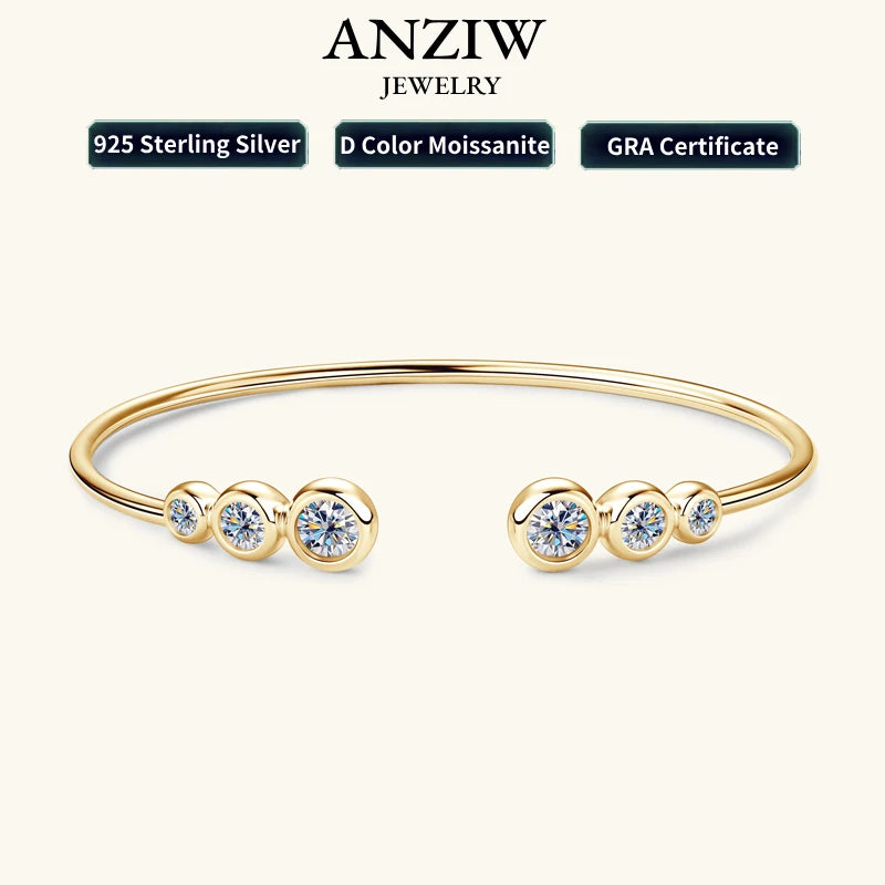 Anziw Bracelets Cuff Silver 925 D Color Moissanite Bracelet Bangle