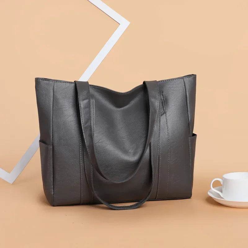 TRAVEASY 2024 Casual PU Leather Large Capacity Tote Bags for Women Fashion Solid Color Zipper Female Shoulder Bag Ladies Handbag - Imbasat