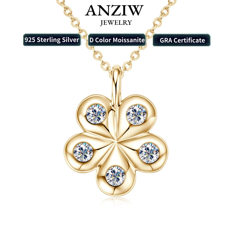 Anziw 925 Sterling Silver Moissanite Necklace Adjustable Chain Flower Petal Pendant
