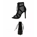 Black Net Fabric Cross Strap High Heel Lace-up Peep Toe
