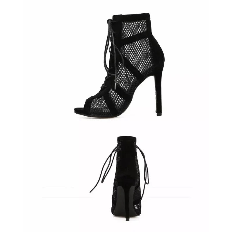 Black Net Fabric Cross Strap High Heel Lace-up Peep Toe