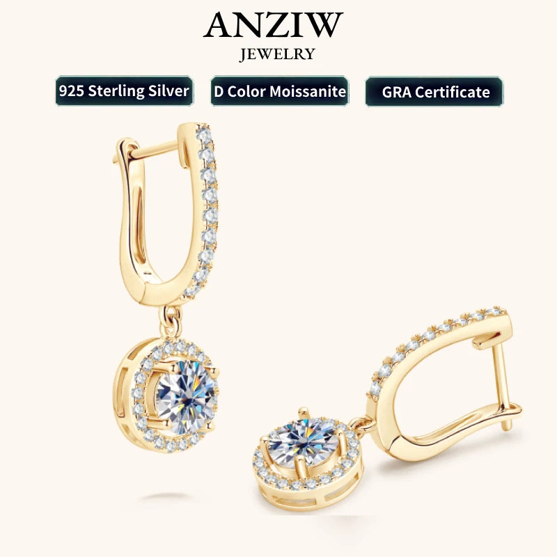 Anziw 2023 Women Hoops 925 Silver Gold Drop Earrings Dangle Moissanite
