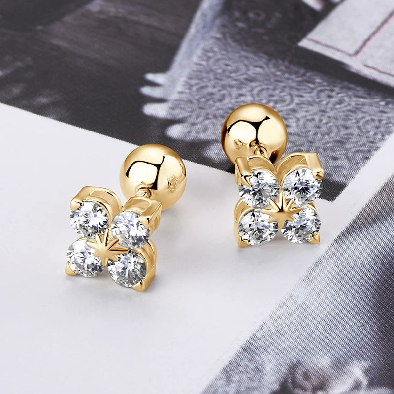 Anziw Lucky Four Leaf Clover Moissanite Stud Earrings 925 Sterling Silver Screw-Back