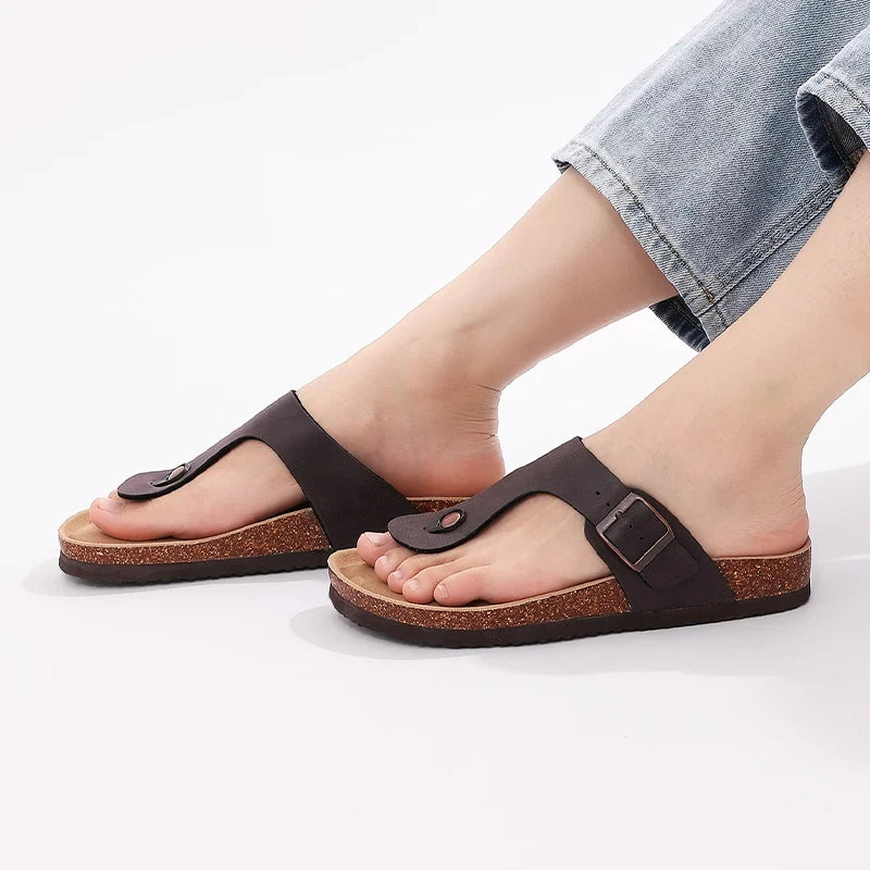 Cork Flat Sandals Summer Open Toe Slides Slip On Slippers
