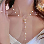 Vintage Zircon Flower Pearl Necklace
