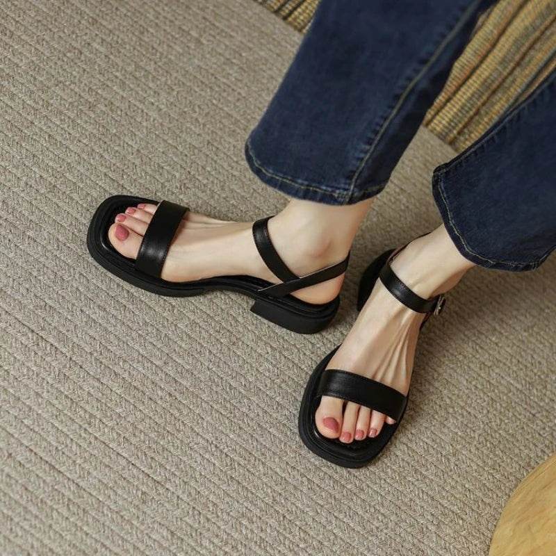 French Vintage Brown Sandals 24 Summer Low Heel Roman Shoes with Open Toe Stripe Simple and Comfortable Flat Bottom Women Shoes - Imbasat